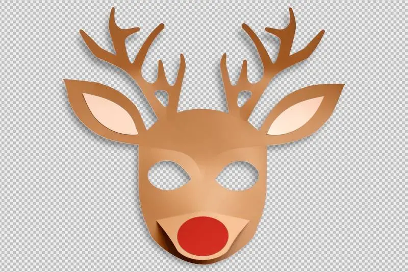 Cut-Out Paper Mask Design with the Face of Rudolph the Reindeer on Transparent Background