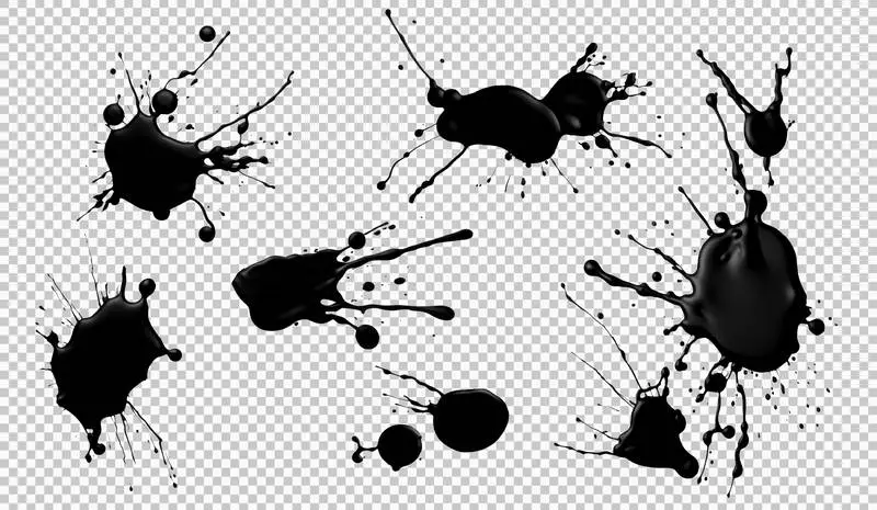 Set of Black Paint Splashes Isolated on Transparent Background