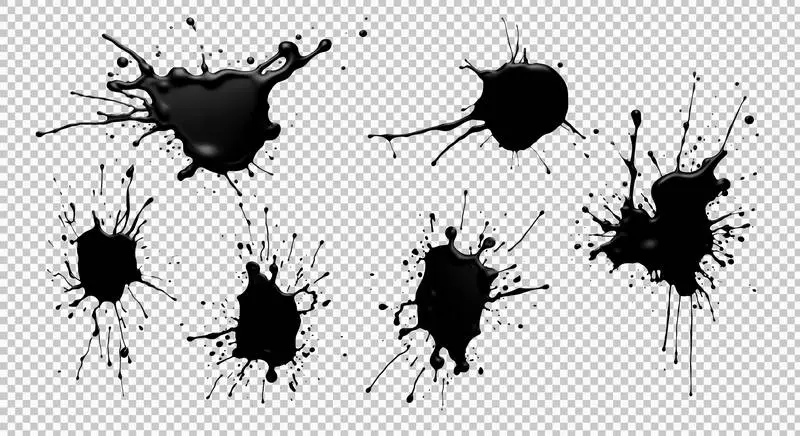 Set of Realistic Black Paint Splashes Isolated on Transparent Background