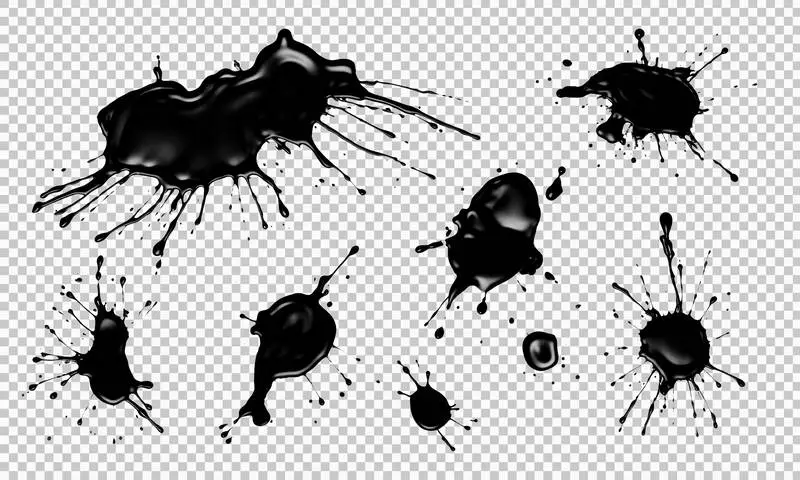 Set of Realistic Black Splashes Isolated on Transparent Background