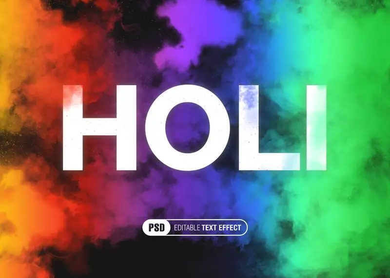 Holi Text Effect with White Text Between Colourful Powder on Black Backgrounds