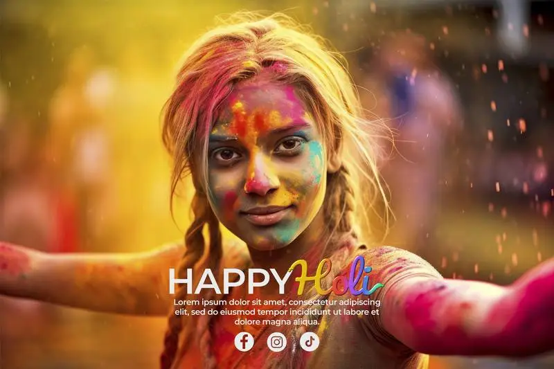 Holi Banner with Text on Photo of Woman with Braids