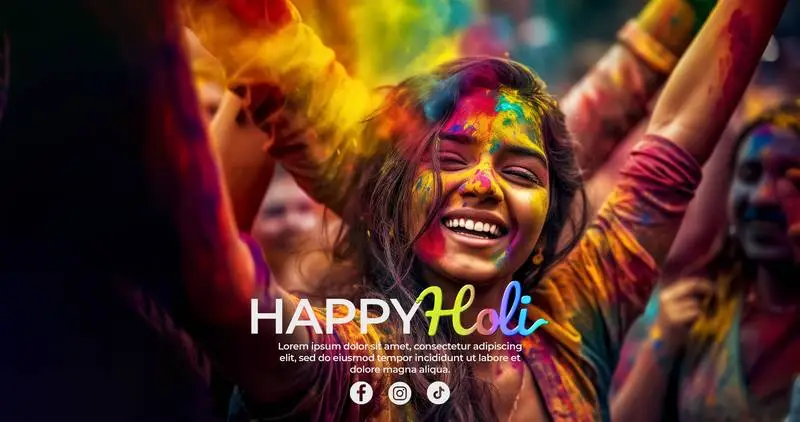 Holi Text Banner on Photo of Woman with Open Arms and Painted Face