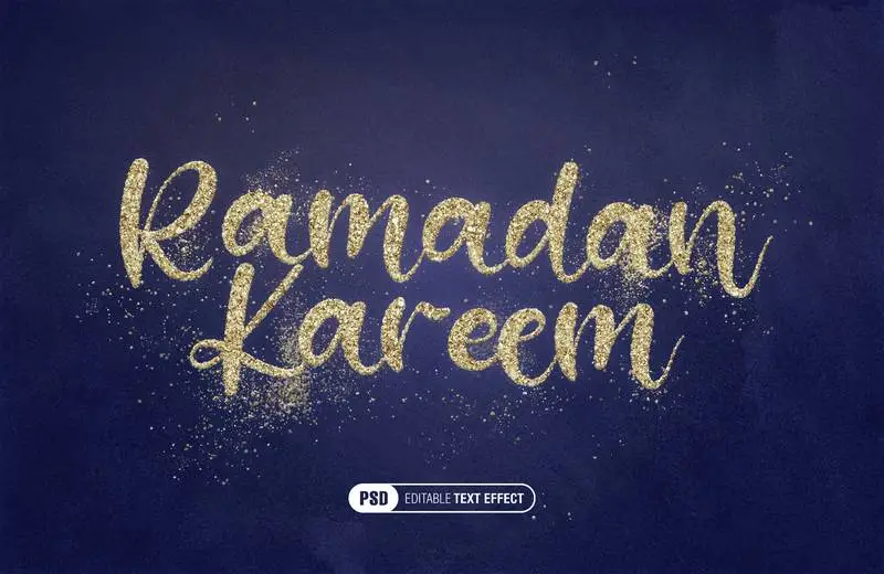 Gold Glitter Text Effect for Ramadan on a Blue Watercolour Background