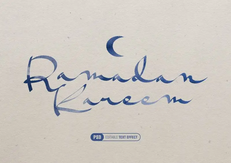Ramadan Text Effect in Blue Watercolour on Paper