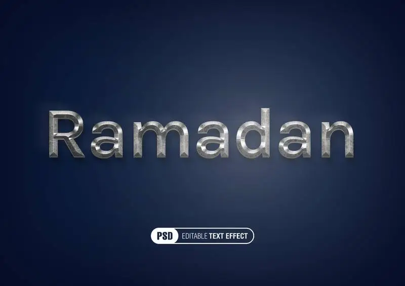 Silver Metallic Ramadan Text Effect on Blue Background