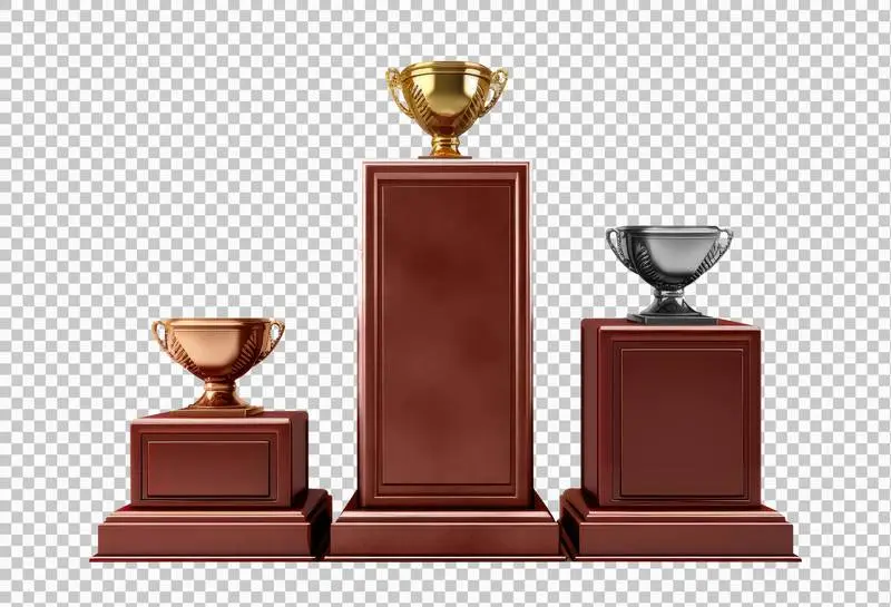 Three Podiums with Gold, Silver and Bronze Cups Isolated on a Transparent Background