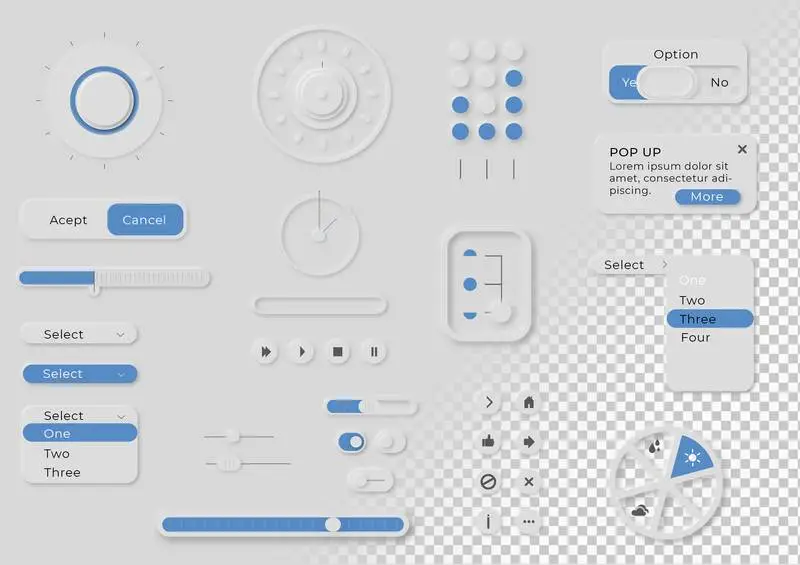 Collection of Interface Icons in Neumorphic Style on a Transparent Background