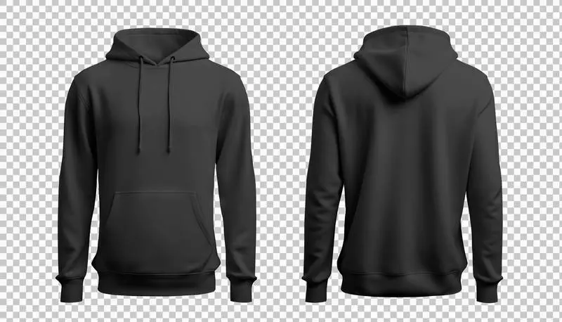 Black Hooded Sweatshirt Seen from the Front and Back Isolated on Transparent Background