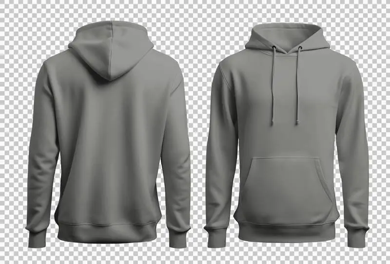 Grey Hooded Sweatshirt Seen from the Front and Back Isolated on Transparent Background
