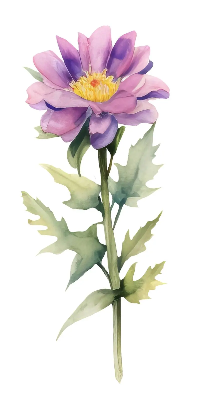 Isolated Watercolour Illustration of Elongated Branch with Purple and Yellow Flowers and Green Leaves on Transparent Background