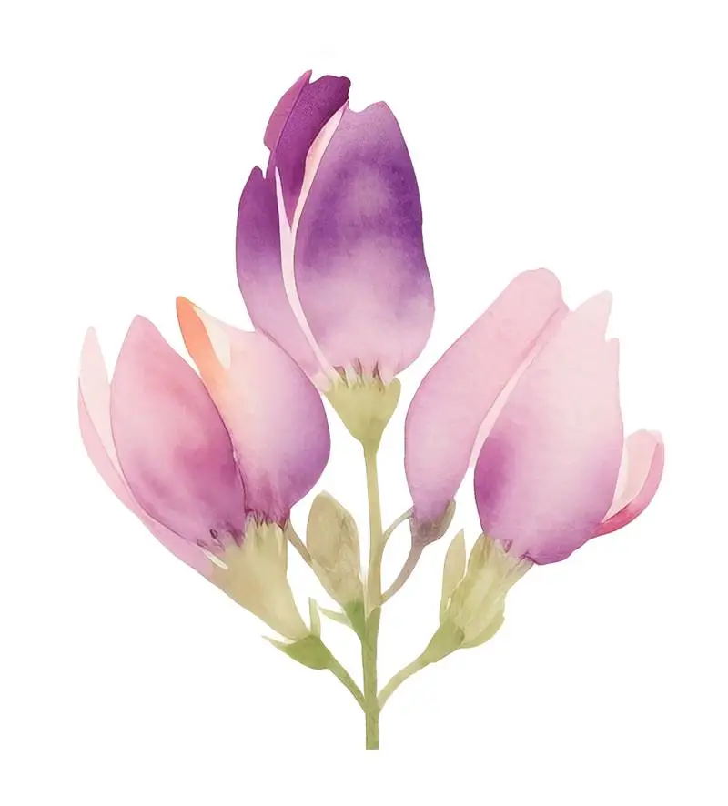 Isolated Watercolour Illustration of Large Purple Flowers with Green Stem on Transparent Background