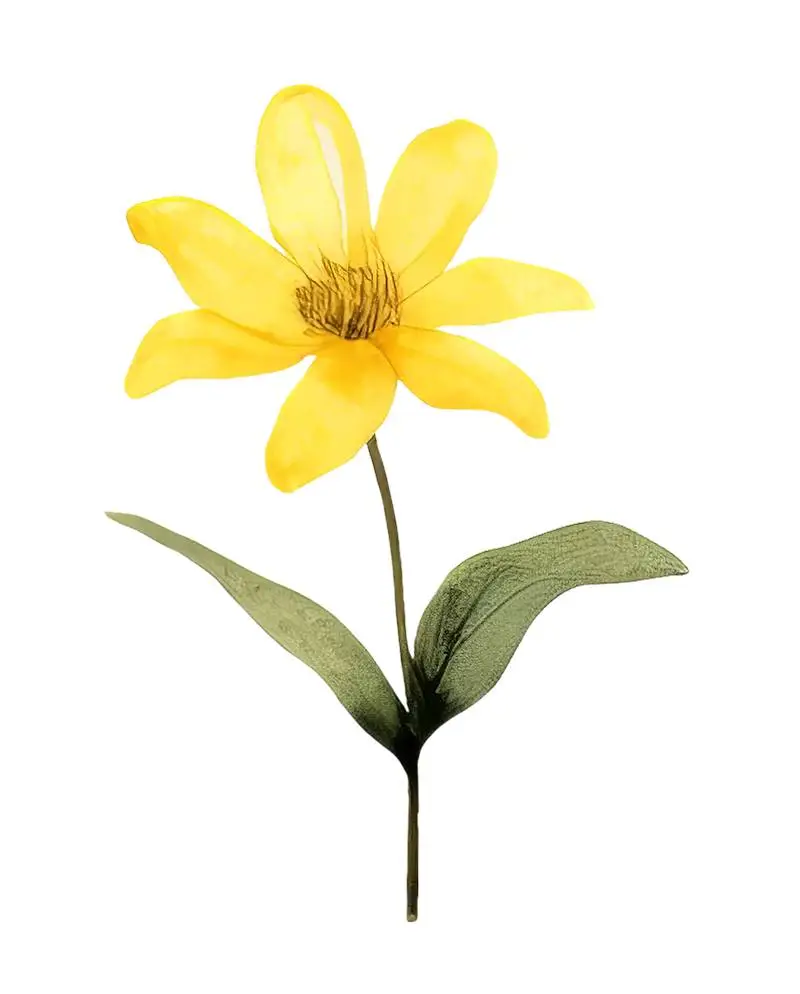 Isolated Watercolour Illustration of Large Yellow Flower with Green Leaves on Transparent Background