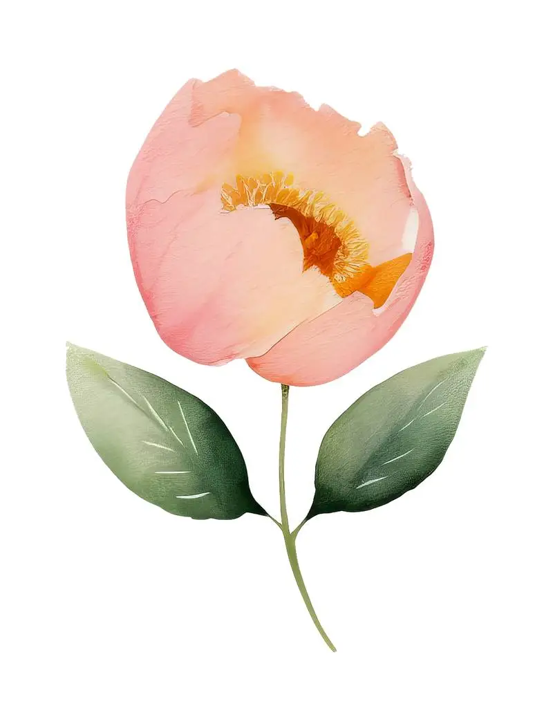 Isolated Watercolour Illustration of Pretty Pink Flower with Leaves on Transparent Background