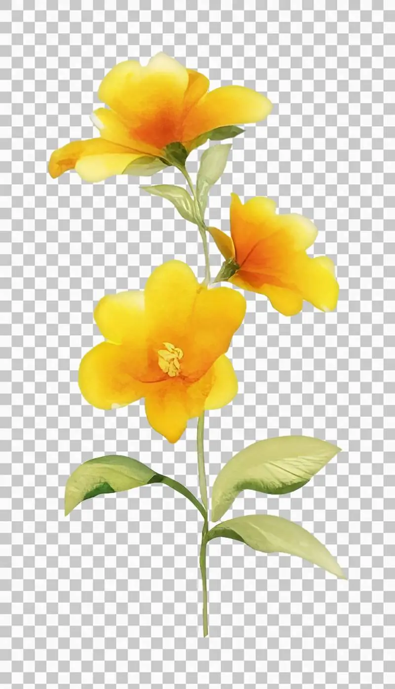 Isolated Watercolour Illustration of a Branch with Orange Flowers and Green Leaves on a Transparent Background