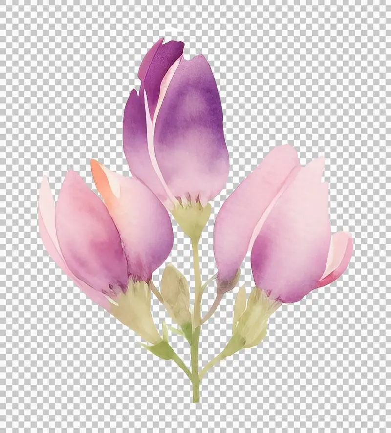 Isolated Watercolour Illustration of Large Purple Flowers with Green Stems on a Transparent Background