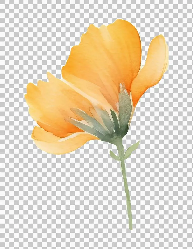 Isolated Watercolour Illustration of a Large Yellow Flower with a Green Stem on a Transparent Background