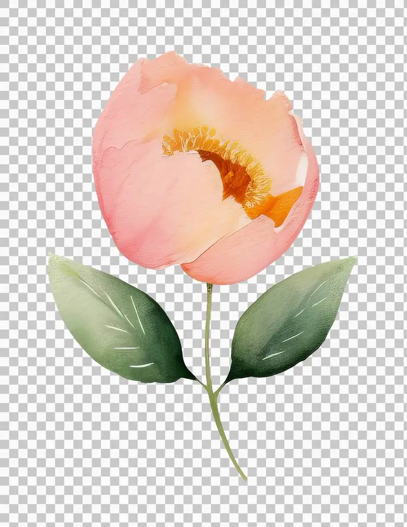Isolated Watercolour Illustration of a Pretty Pink Flower with Leaves on a Transparent Background