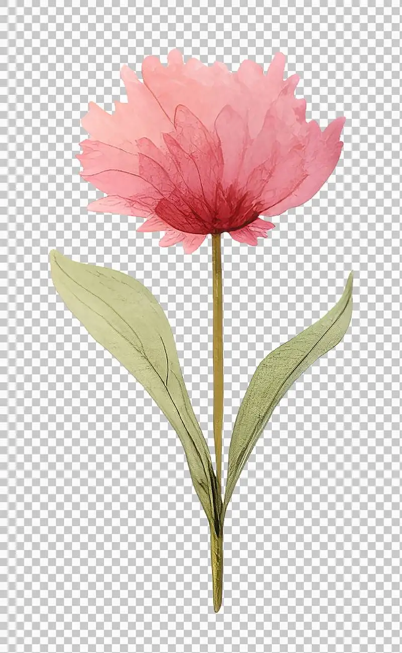 Isolated Watercolour Illustration of a Large Pink Flower with Green Leaves on a Transparent Background