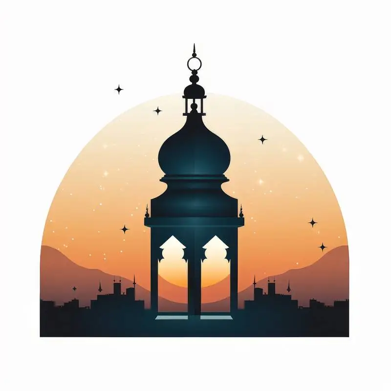 Flat Illustration of an Arabic Lantern with City and Sunrise in the Background