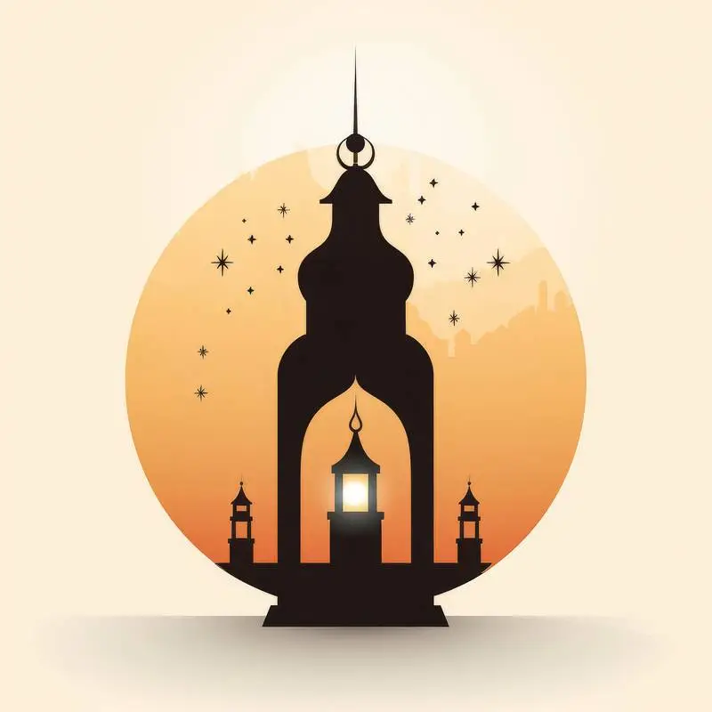 Flat Illustration of an Arabian Lantern with City and Sunrise in the Background