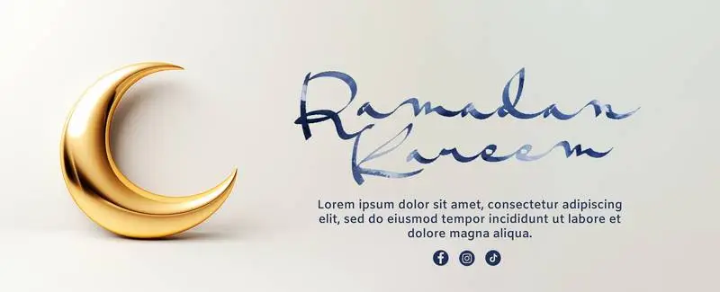 Shiny Golden 3D Crescent Moon Banner with Watercolour Text for Ramadan on a Plain Colour Background