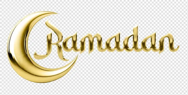 Isolated Lettering with Ramadan Text and Shiny Golden 3D Crescent Moon on a Transparent Background