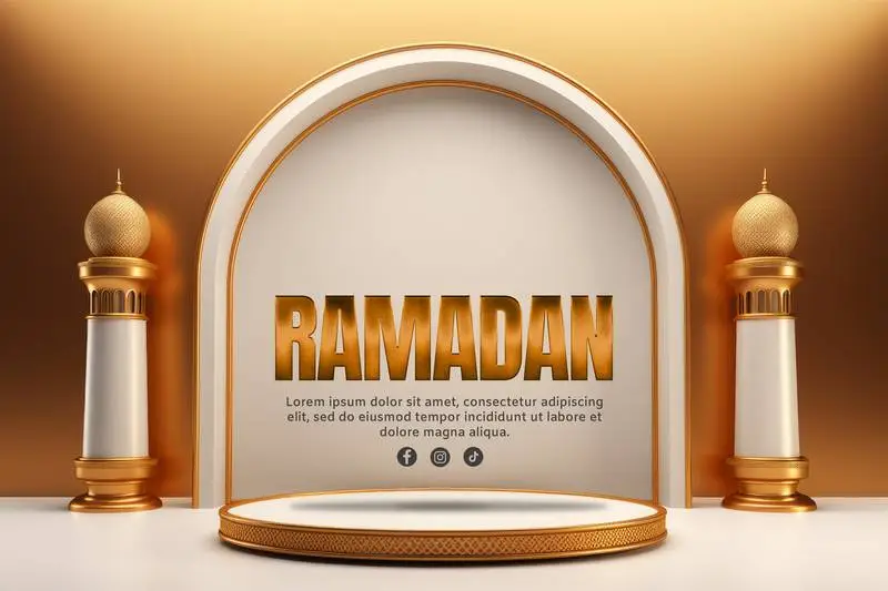 Ramadan Banner with Text on Product Stand with Towers of Islamic Aesthetics and Golden and White Dome