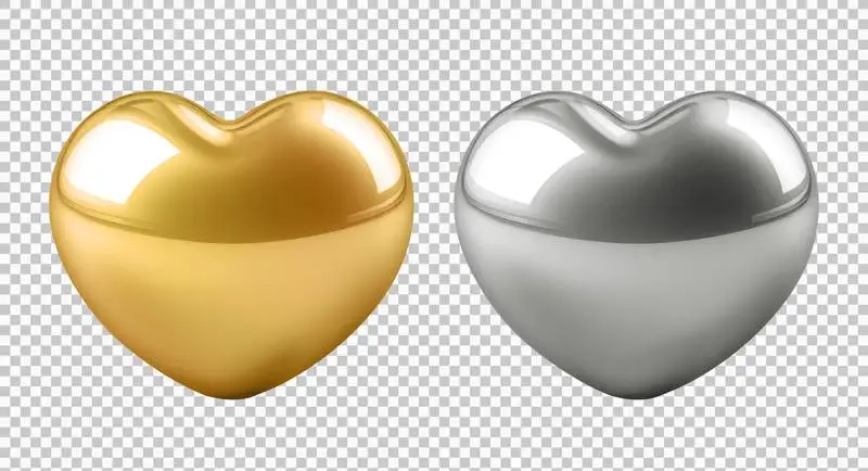 Gold and Silver Hearts Isolated on a Transparent Background