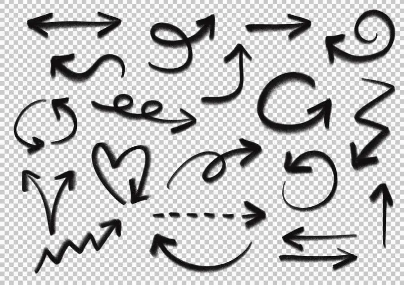 Collection of Sketched Black Arrows Isolated on a Transparent Background