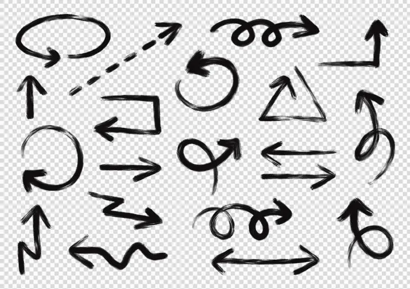Set of Sketched Black Arrows Isolated on a Transparent Background