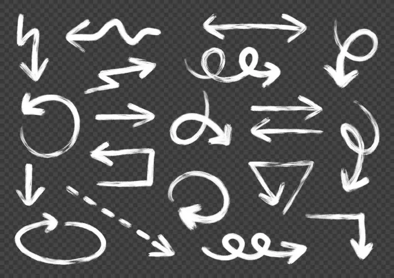 Set of Sketched White Arrows Isolated on a Transparent Background
