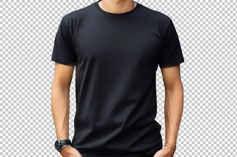 Male Model Wearing a Black T-Shirt Isolated on a Transparent Background