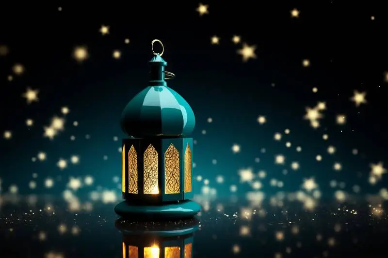 Arabic Blue Metallic Lantern Banner with Stars on a Dark Background