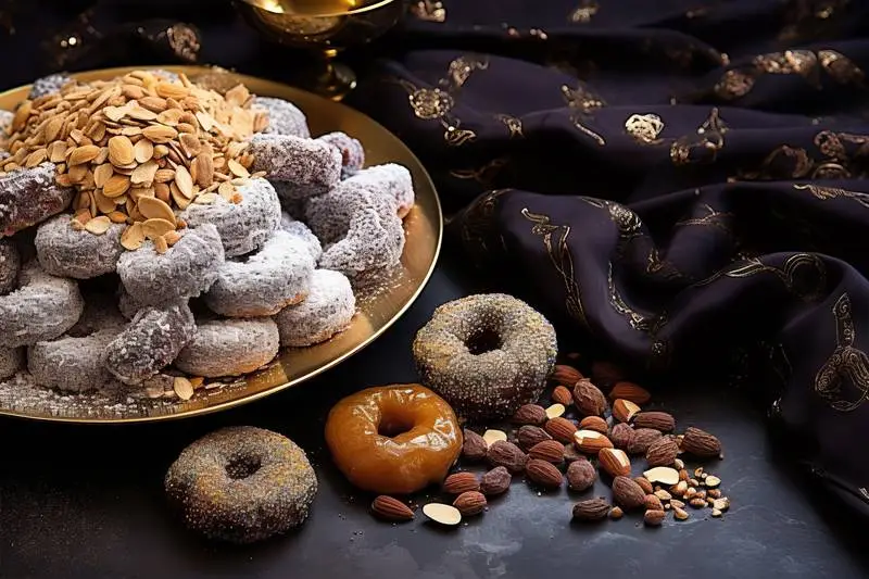 Photo of Golden Plate with Sweets and Dried Fruits on Gold and Blue Brocade Fabric for Ramadan