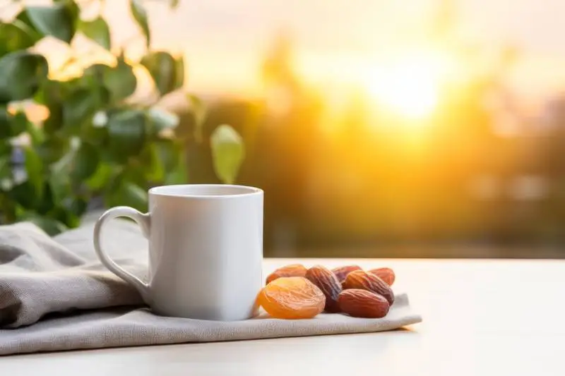 Photo of White Cup with Dates and Garden in the Background for Ramadan