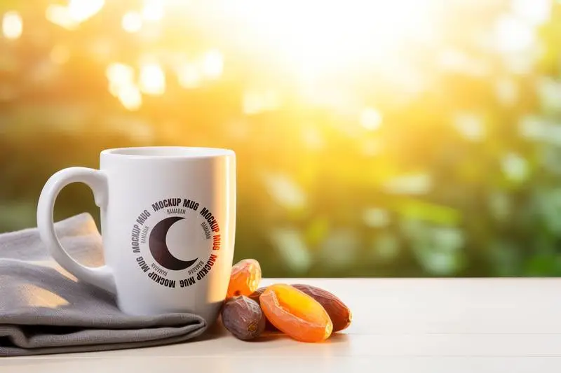 Mockup of White Mug with Dates and Garden in the Background for Ramadan