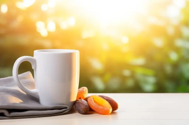 Photo of White Mug with Dates and Garden in the Background for Ramadan