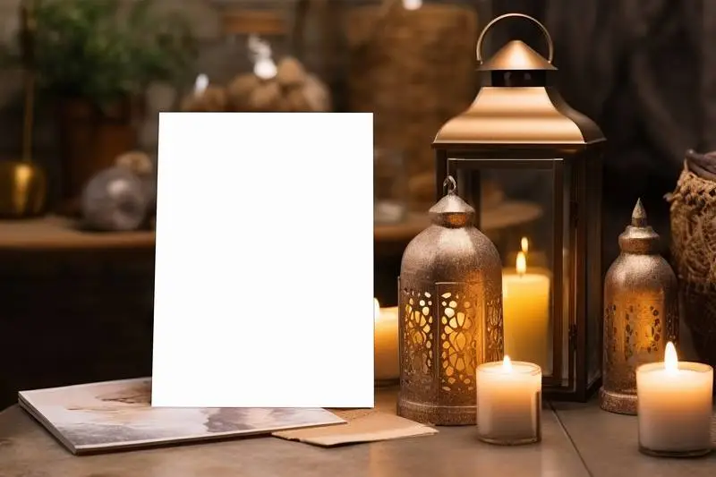 Photo of White Poster on Table with Arabic Lantern and Candles for Ramadan
