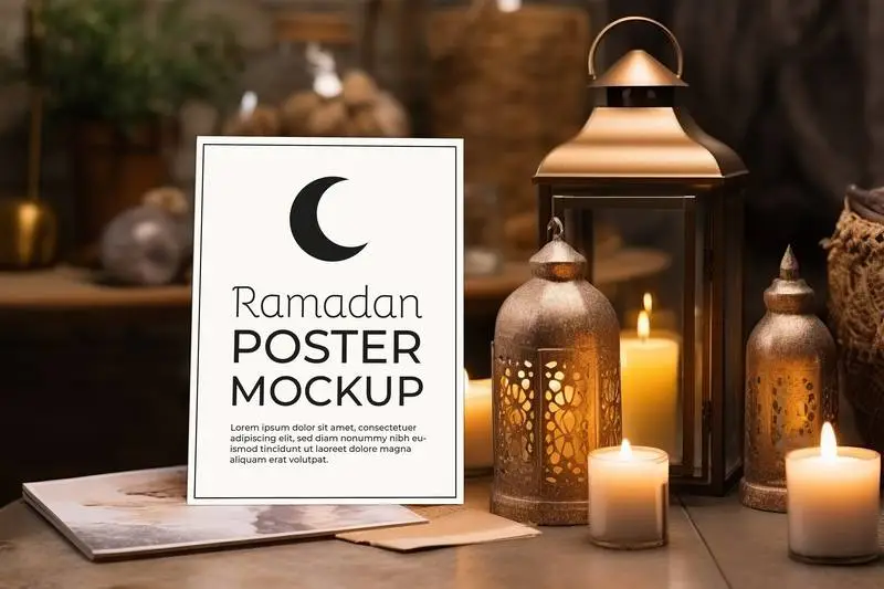 Mockup of White Poster on Table with Arabian Lantern and Candles for Ramadan