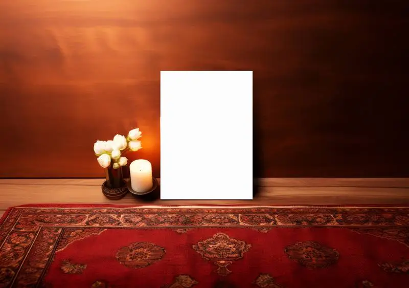 Photo of White Poster with Vase of Flowers in a Room with Arabian Carpet for Ramadan