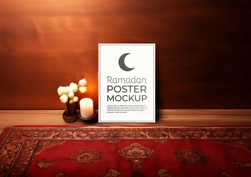 Mockup of White Poster with Vase of Flowers in Room with Arabian Carpet for Ramadan