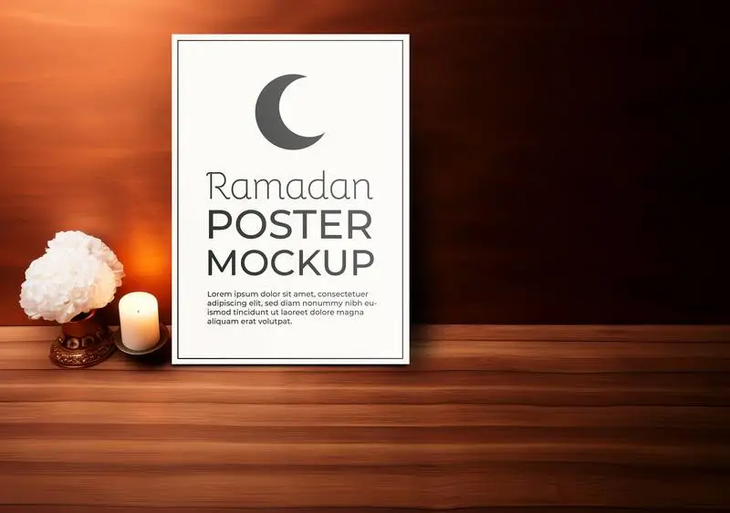 Mockup of White Poster with Vase of Flowers in Room with Wooden Floor for Ramadan