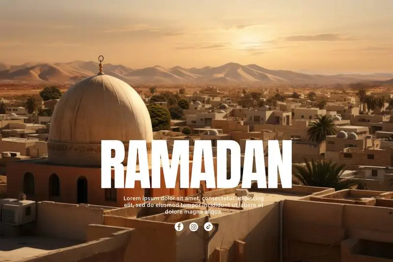 Ramadan Banner with Text on Photo of City in the Desert