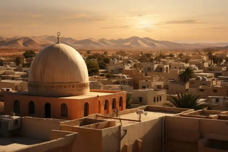 Photo of an Arab City with Mosque in the Desert