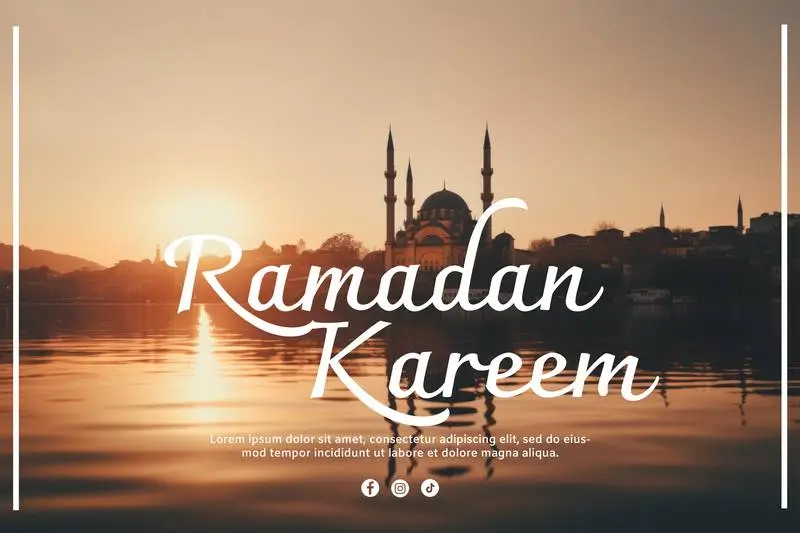 Ramadan Banner with Text over Photo of Mosque with Sunrise over River