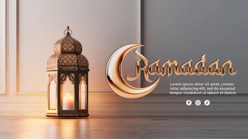 Golden Text Banner for Ramadan on Photo Background of Classic Elegant Room with Lighted Arabian Lantern