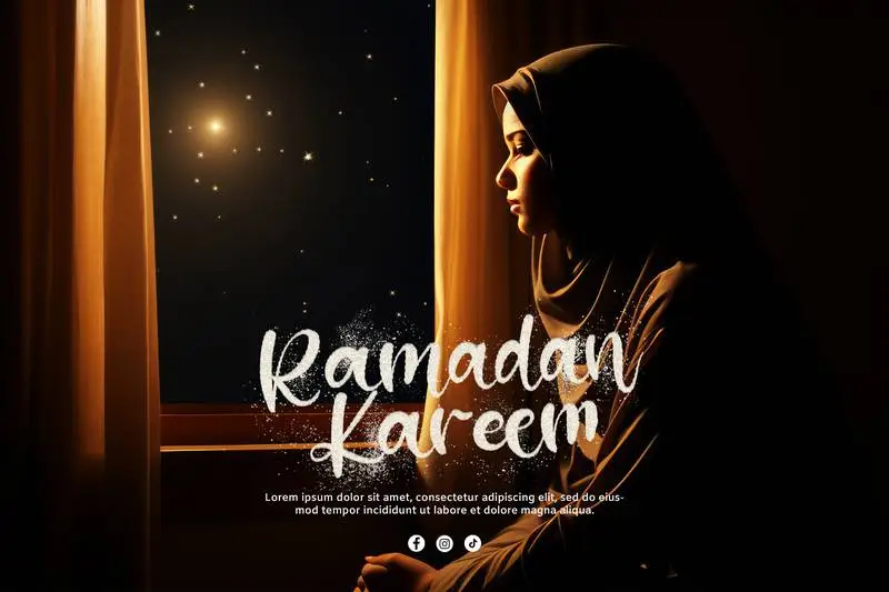 Text Banner for Ramadan on Image of Young Woman Looking Out of a Window