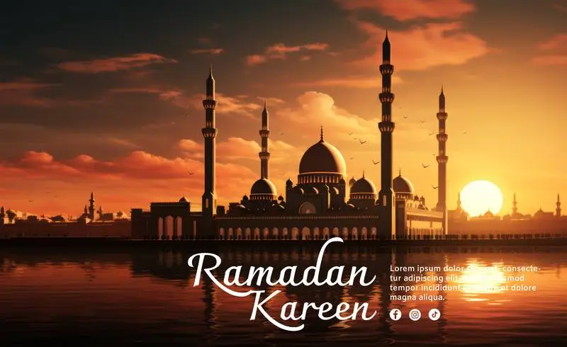Ramadan Banner with Text on Photo of Mosque and City with Sunrise over River