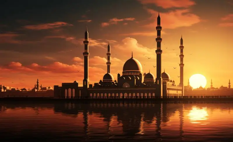 Photo of Mosque and City with Sunrise over River